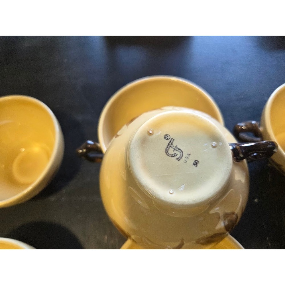 Vintage Franciscan Royal Cafe Tea Cups Set of 7 Yellow Brown Leaves USA - Picture 6 of 8